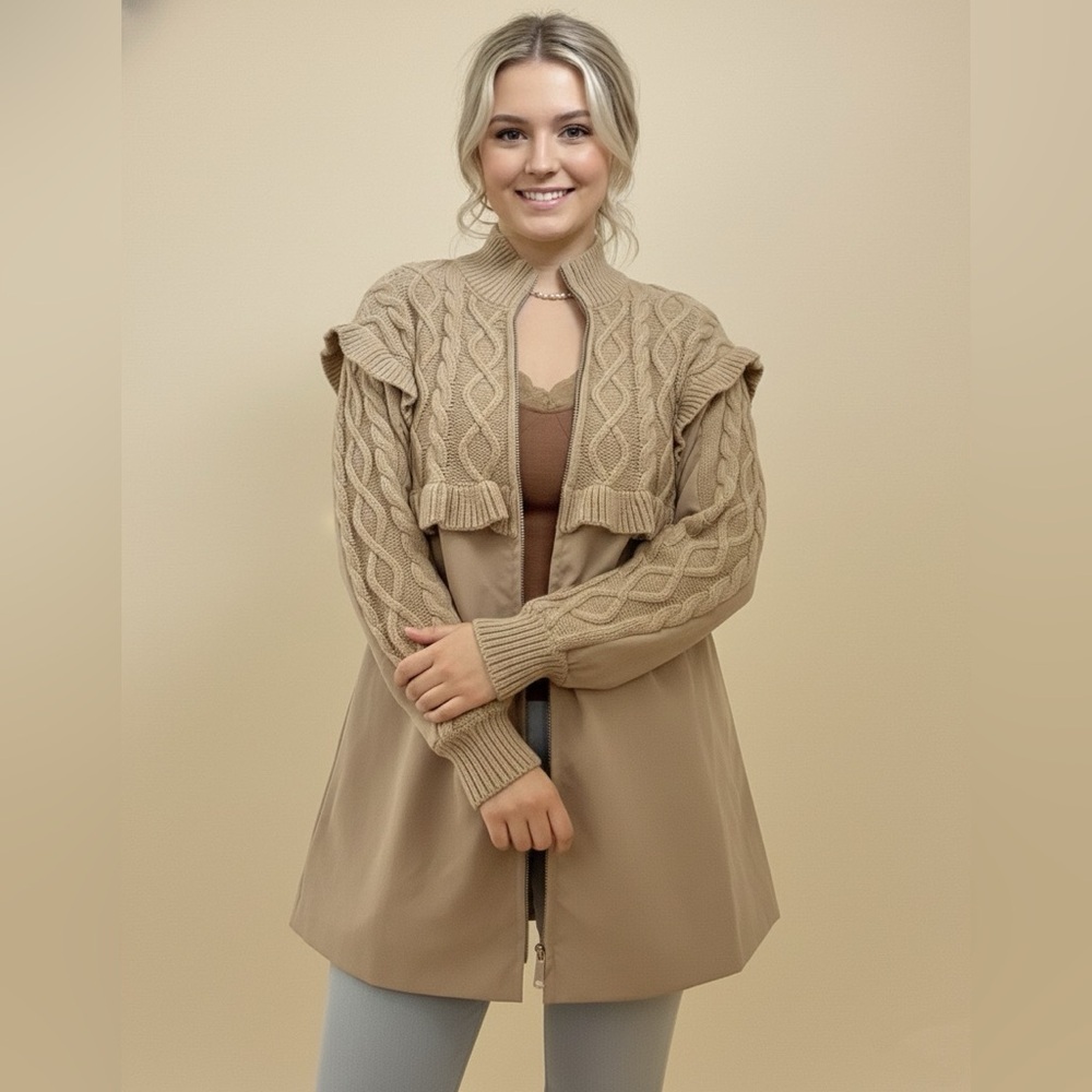Elegant Beige Cable Knit Cardigan - Picture 2 of 13